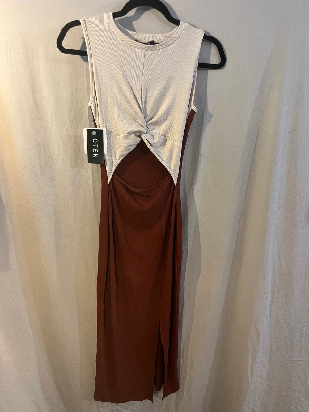 Oten Two-Tone Knot Front Cut Out Maxi Dress in Cream and Brown